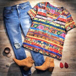 Johnny Was Tee Floral Multi Print Blouse Relaxed Short Sleeve GUC Size XL